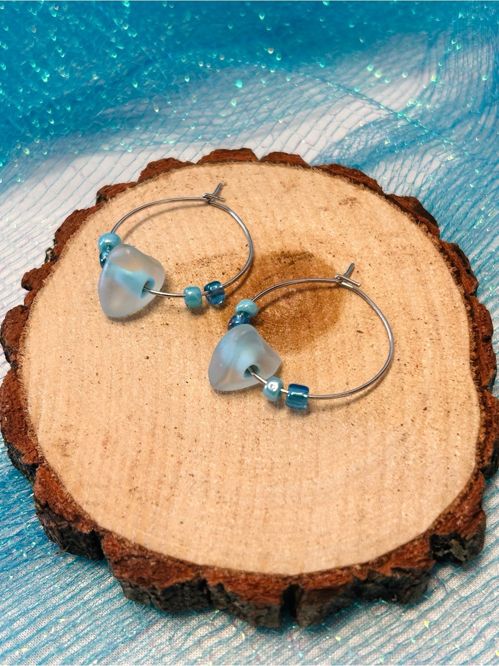 Blue Beaded Hoop Earrings Handmade Lightweight